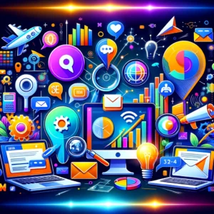 DALL·E 2024 06 12 09.04.20 An illustration of digital marketing strategies including SEO social media email marketing and online advertising. The scene should be dynamic and