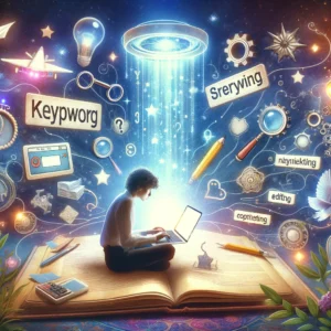 DALL·E 2024 06 12 09.21.51 A surprising and impressive illustration of a writer working on a laptop with elements of keyword research and content optimization. The scene should